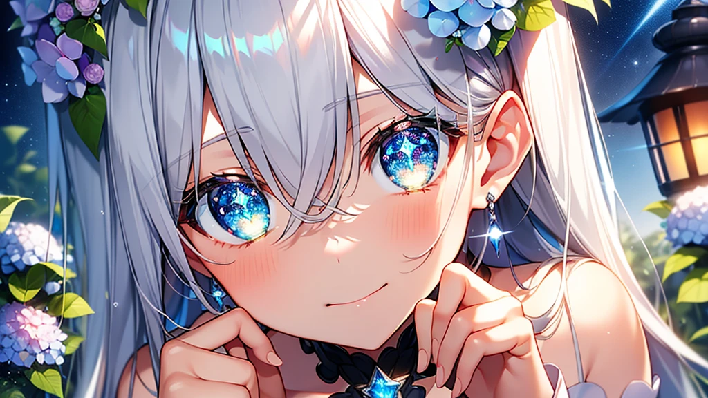 Best quality、Photorealistic、Ultra-detailed、delicate、Orderly、High Detail、Bluish Silver Short Bob、(Drooping heterochromia iris,glowing eyes、Sparkling Eyes:1.3)、slender、(One girl:1.2)、(hydrangea、night、Guided by the moonlight、The twinkling of the constellationysterious、Fantasy、Dramatic、Dutch Angle:1.3)、Ambient Occlusion、Ambient Light、Ray-traced Reflections、Glow、Shiny Hair、
