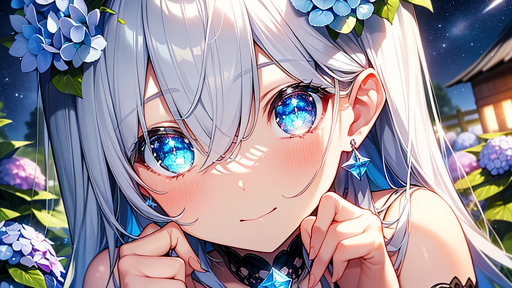Best quality、Photorealistic、Ultra-detailed、delicate、Orderly、High Detail、Bluish Silver Short Bob、(Drooping heterochromia iris,glowing eyes、Sparkling Eyes:1.3)、slender、(One girl:1.2)、(hydrangea、night、Guided by the moonlight、The twinkling of the constellationysterious、Fantasy、Dramatic、Dutch Angle:1.3)、Ambient Occlusion、Ambient Light、Ray-traced Reflections、Glow、Shiny Hair、

