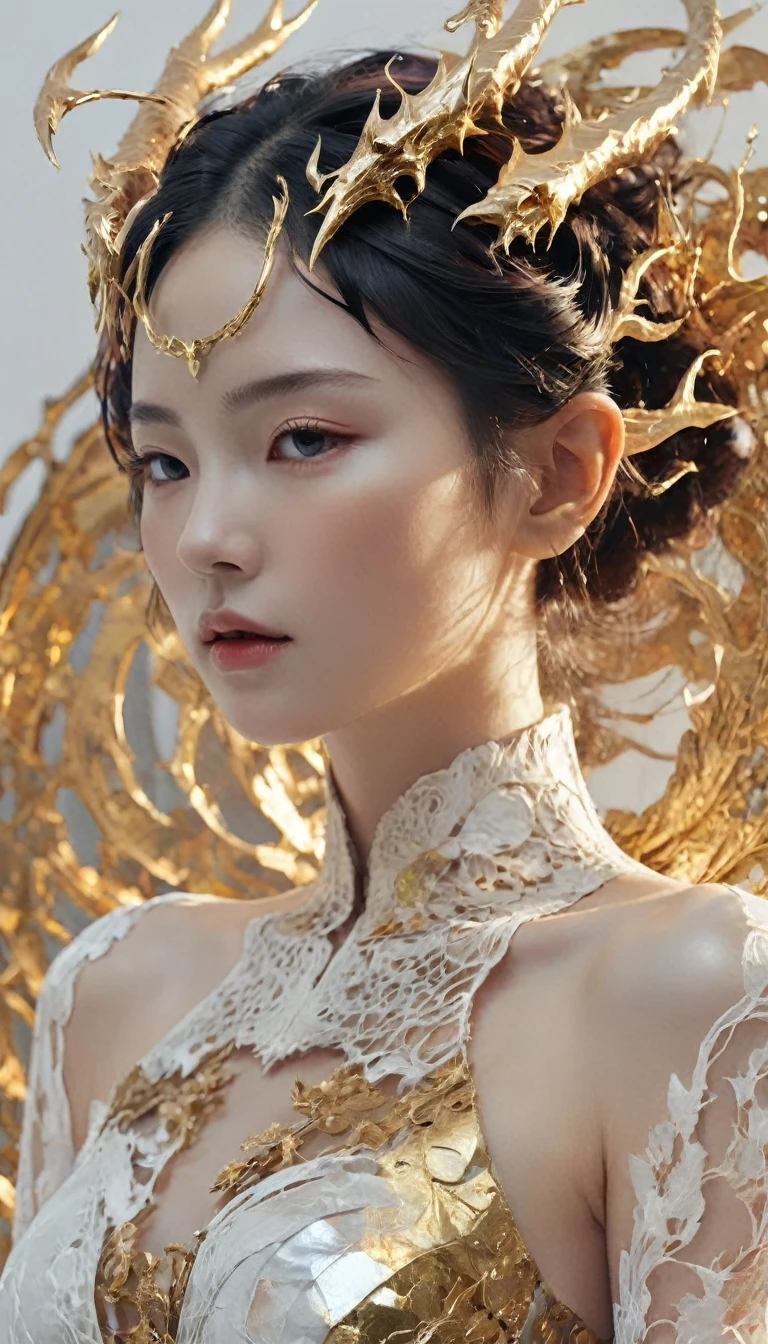 Photo RAW, Holy ,Girl with dragon horns on her head(Shiny halo, Very detailed, Gold and Silver Filigree, Complex patterns, Organic Window Treatments, author:Android Jones, Januz Miralles, Shimoda Hikaru, W's Glowing Stardust. Zellmer, Perfect composition, Smooth, Clear focus, Sparkling particles, Vivid coral reef background realistic, realism, HD, 35mm Photo, 8K), masterpiece, 获奖photography, Natural light, Perfect composition, High Detail, 超realismphotography艺术 RAW 特写镜头,Showing a virtual neural network organism wearing a shining pearl helmet, Holographic color, Water Drop, Glass frame, shelling:3, Biomechanical details, (Empty background), Natural lighting, style. r. Giger, (Clear focus, Ultra Detailed, very complicated), . Extremely high-resolution details, photography, realism pushed to extreme, Delicate texture, Lifelike,35mm Photo, , Bokeh, professional, 4k, Very detailed