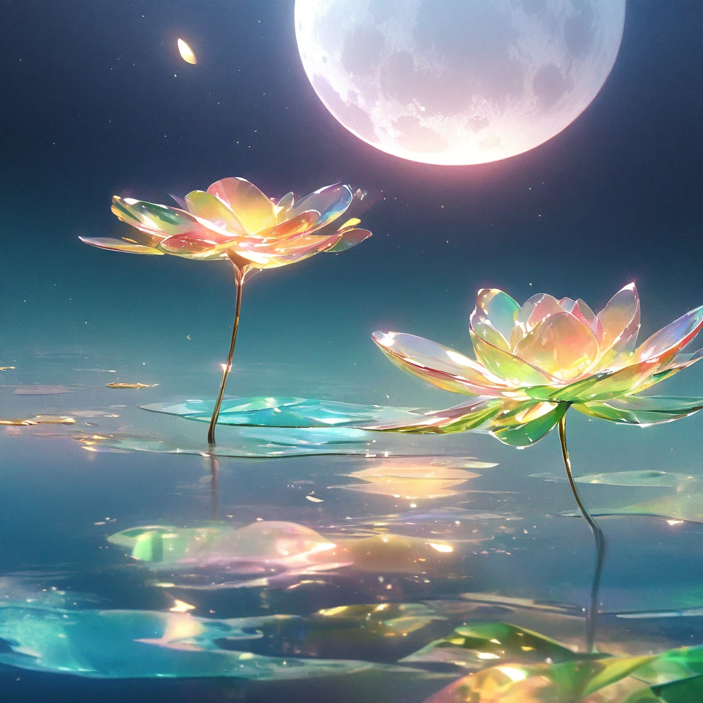 (Beauty),night,moon,lake surface,gold,pink,green,blue, red, glass texture、Light, Gradient translucent glass melt, clean no humans