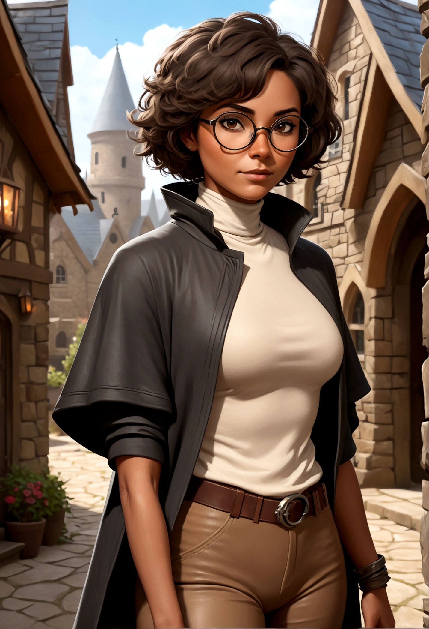 Solo, female, turtleneck tunic, cloak, fantasy outfit, fantasy village, short hair, wavy hair, messy hair, ((dark tan skin)), glasses, cleric, cropped jacket, athletic, slightmuscle