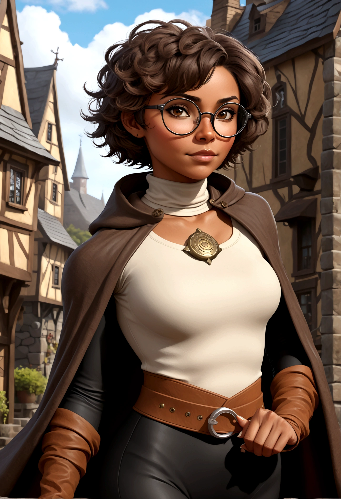 Solo, female, turtleneck tunic, cloak, fantasy outfit, fantasy village, short hair, wavy hair, messy hair, ((dark tan skin)), glasses, cleric, cropped jacket, athletic, slightmuscle