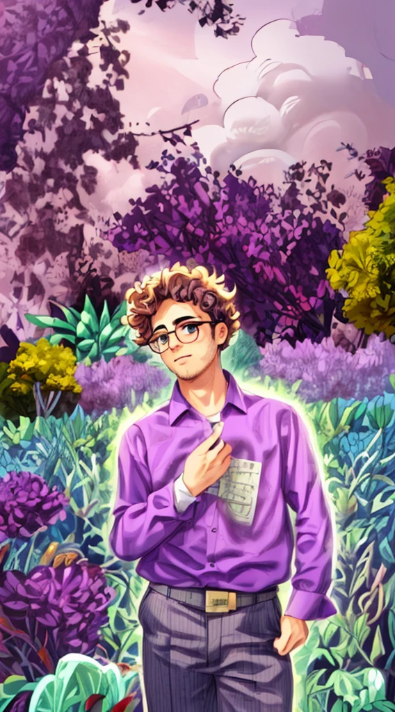 man, curly hair, glasses, purple shirt