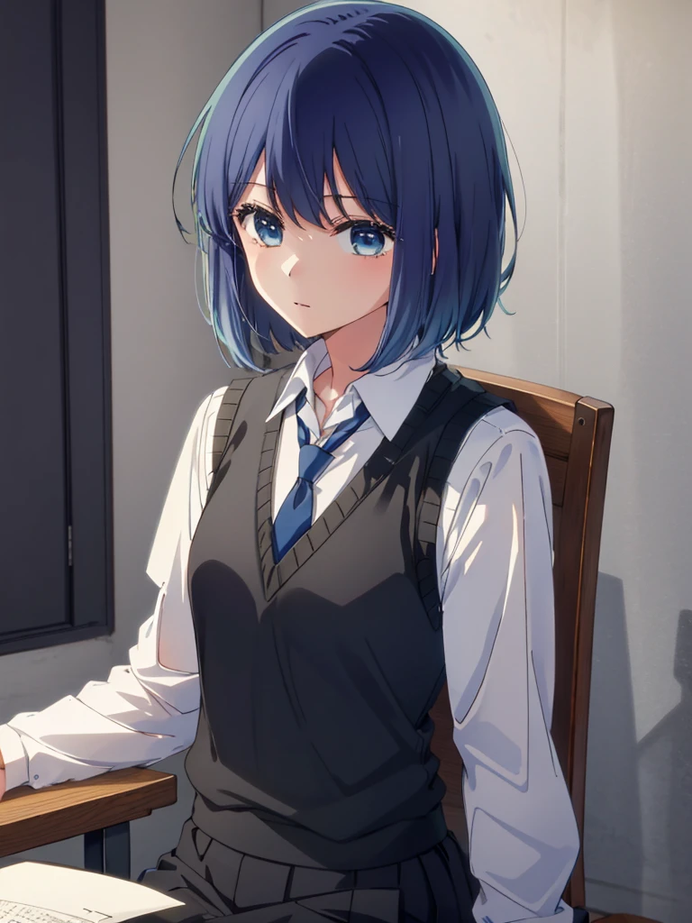 Beautiful lighting, 1 Girl, alone, Akane, White shirt, Sweater vest, Black vest, Blue tie, ((Anime Style))、((2D))、(((short hair)))、Sit on a chair、