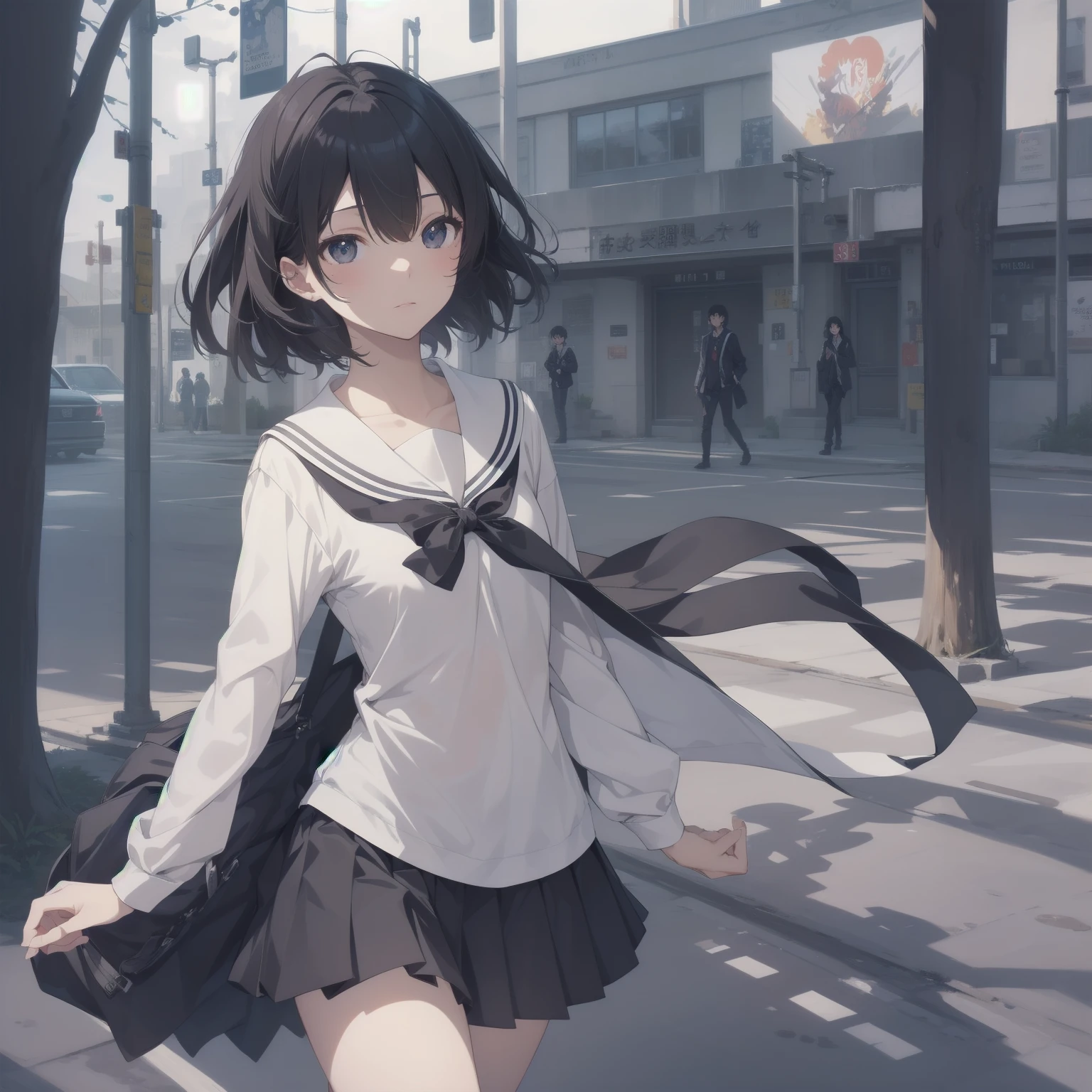 ultra-absurdres-Top quality by artist God, ultra-detailed, high resolution, anime moe artstyle, best anime 8k konachan wallpaper, pixiv contest winner, pool:2810, perfect anatomy,break, 1girl, (Please draw a girl walking sleepily to school alone. )break,(Solo,little female, 13-year-old:1.3),Full limbs, complete fingers,a junior high school student, (very short hair), short cut, flat chest, , small butt, small black eyes, beautiful detailed eyes, well-proportioned iris and pupils, expressive eyes, highres detailed hair, soft expression, salor school_uniform, sailor collar, serahuku, bow, pleated skirt,(Detailed Lighting), (Detailed background), in the School commute route. break,super detailed skin, Best cinematic lighting powered by famous artist, 8k,beauty illustration,photoshop_(medium),very aesthetic,break,((artist:neocoill )), artist:clamp ,artist:carnelian ,artist:kantoku ,