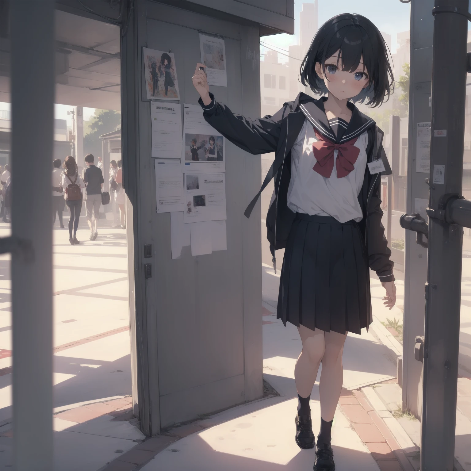 ultra-absurdres-Top quality by artist God, ultra-detailed, high resolution, anime moe artstyle, best anime 8k konachan wallpaper, pixiv contest winner, pool:2810, perfect anatomy,break, 1girl, (Please draw a girl walking sleepily to school alone. )break,(Solo,little female, 13-year-old:1.3),Full limbs, complete fingers,a junior high school student, (very short hair), short cut, flat chest, , small butt, small black eyes, beautiful detailed eyes, well-proportioned iris and pupils, expressive eyes, highres detailed hair, soft expression, salor school_uniform, sailor collar, serahuku, bow, pleated skirt,(Detailed Lighting), (Detailed background), in the School commute route. break,super detailed skin, Best cinematic lighting powered by famous artist, 8k,beauty illustration,photoshop_(medium),very aesthetic,break,((artist:neocoill )), artist:clamp ,artist:carnelian ,artist:kantoku ,
