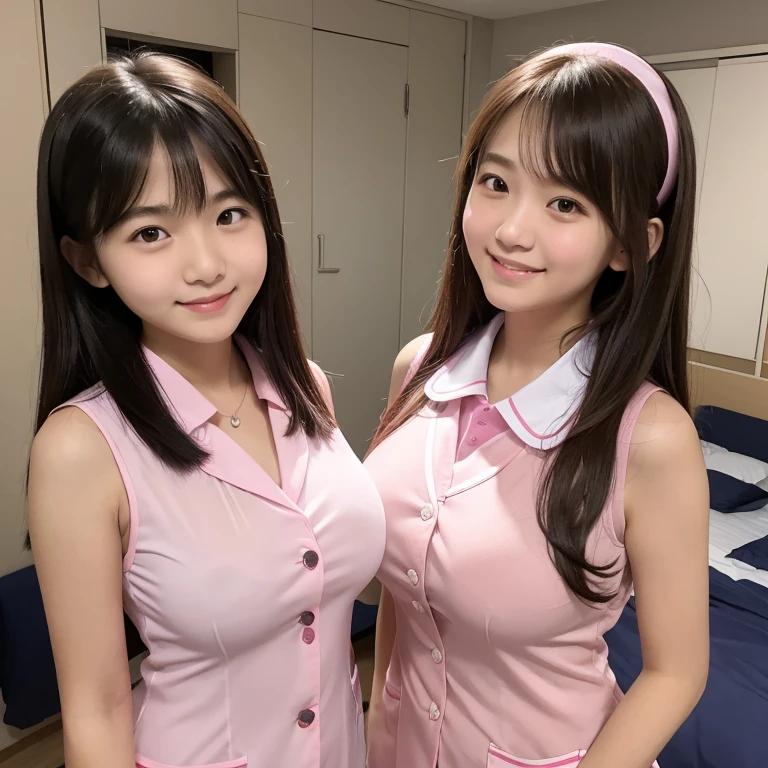 (high quality)、(high resolution)、Two  high schoolng at me with a smile、whole body、Big Breasts、A tight, see-through, sleeveless pink nurse uniform with buttons and a collar、Erect nipples、(Lift your chest with both hands:1.1)、Lie on your back on the bed