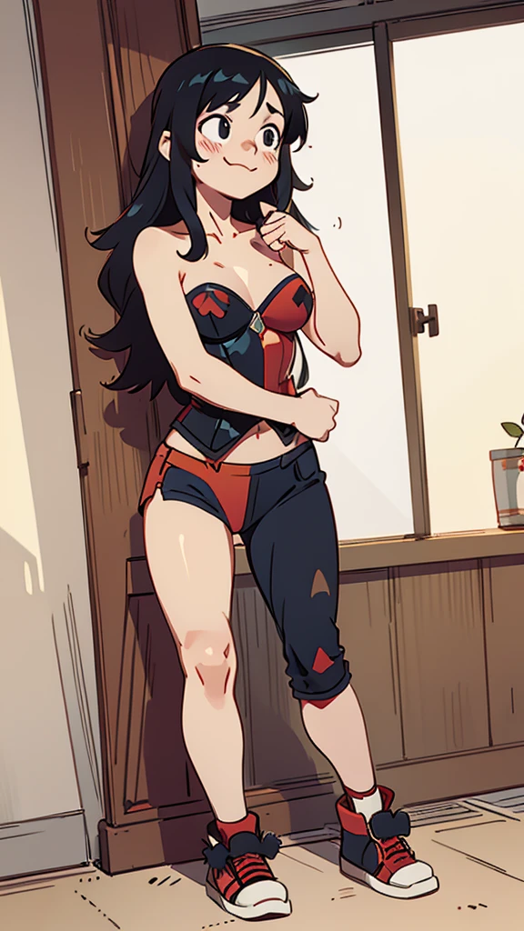 A cute sexy girl smiles kindly friendly emotion shy nervous scared mute long wavy black emo hair mencho her black eye dresses corset bra shows navel and sensual jeans thigh red tennis shoes