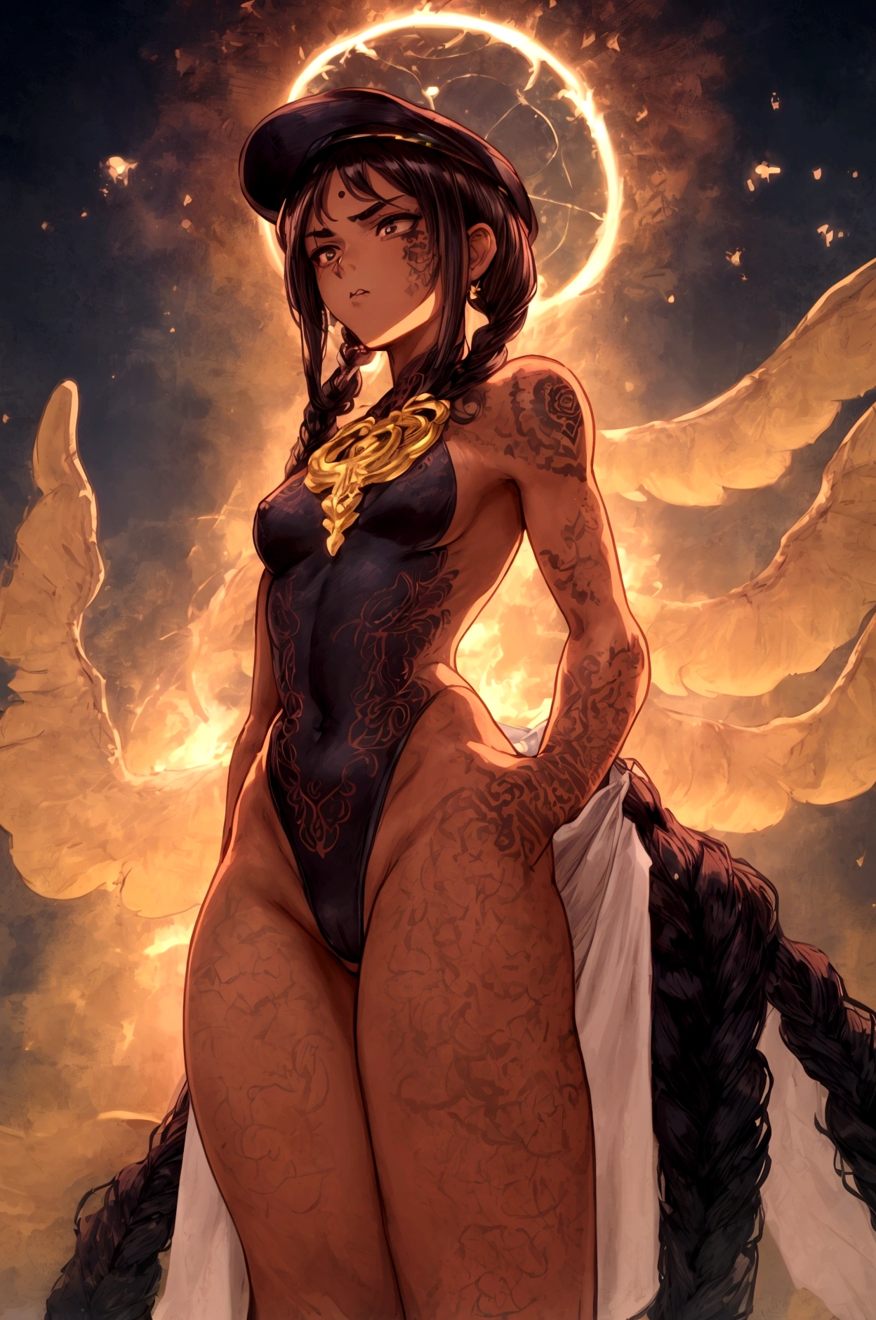 connie maheswaran age 25, ( extremely detailed CG, Mahagony-skinned female with dark Reddish-brown skin, black eyes, and phoenix back tattoo, wearing a full-body open back leotard, mini shorts with stars on the back pockets and a baret holding her black hair tight dragonbraid. strong , well-built, Perfect hourglass physique, amazing skin, strong oblong-shaped face, narrow convex hooked nose. strong, toned, wide heart hips,, biting lips enticingly, catching your eye, waving you closer to her). +( overlooking a coastal city with hands in her pockets,looking over her shoulder ,playful bottom hit) :+(view from behind, hd illustration, extreme long shot, rendered in Unreal Engine 5, hyper-realistic, , 128k, ultra - HD, intricate detail, super - res, webcomic animation, ink art, full-length portrait, wide-body shot, alluring aura and stare , ink art,Black ink,tattoo design outline, Lineart, brush art ,thin line animation, ultra-HD masterpiece, highest quality, highly detailed facial expressions,realistic expression, perfect piece, perfect prompt ,full length, best quality, intricately accurate facial and physical structure, intricately realistic expression and emotion, accurate colored complexion, accurate body anatomy, intricate bodypaint, complex hairstyles, intricate character detail, intricately expressive, intricate color design, complex emotions,)