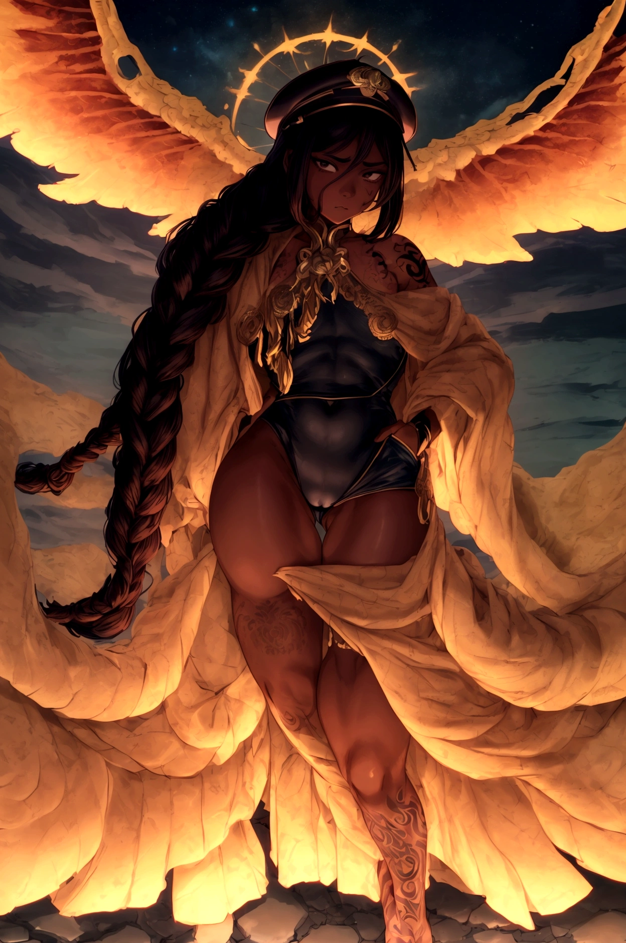 connie maheswaran age 25, ( extremely detailed CG, Mahagony-skinned female with dark Reddish-brown skin, black eyes, and phoenix back tattoo, wearing a full-body open back leotard, mini shorts with stars on the back pockets and a baret holding her black hair tight dragonbraid. strong , well-built, Perfect hourglass physique, amazing skin, strong oblong-shaped face, narrow convex hooked nose. strong, toned, wide heart hips,, biting lips enticingly, catching your eye, waving you closer to her). +( overlooking a coastal city with hands in her pockets,looking over her shoulder ,playful bottom hit) :+(view from behind, hd illustration, extreme long shot, rendered in Unreal Engine 5, hyper-realistic, , 128k, ultra - HD, intricate detail, super - res, webcomic animation, ink art, full-length portrait, wide-body shot, alluring aura and stare , ink art,Black ink,tattoo design outline, Lineart, brush art ,thin line animation, ultra-HD masterpiece, highest quality, highly detailed facial expressions,realistic expression, perfect piece, perfect prompt ,full length, best quality, intricately accurate facial and physical structure, intricately realistic expression and emotion, accurate colored complexion, accurate body anatomy, intricate bodypaint, complex hairstyles, intricate character detail, intricately expressive, intricate color design, complex emotions,)