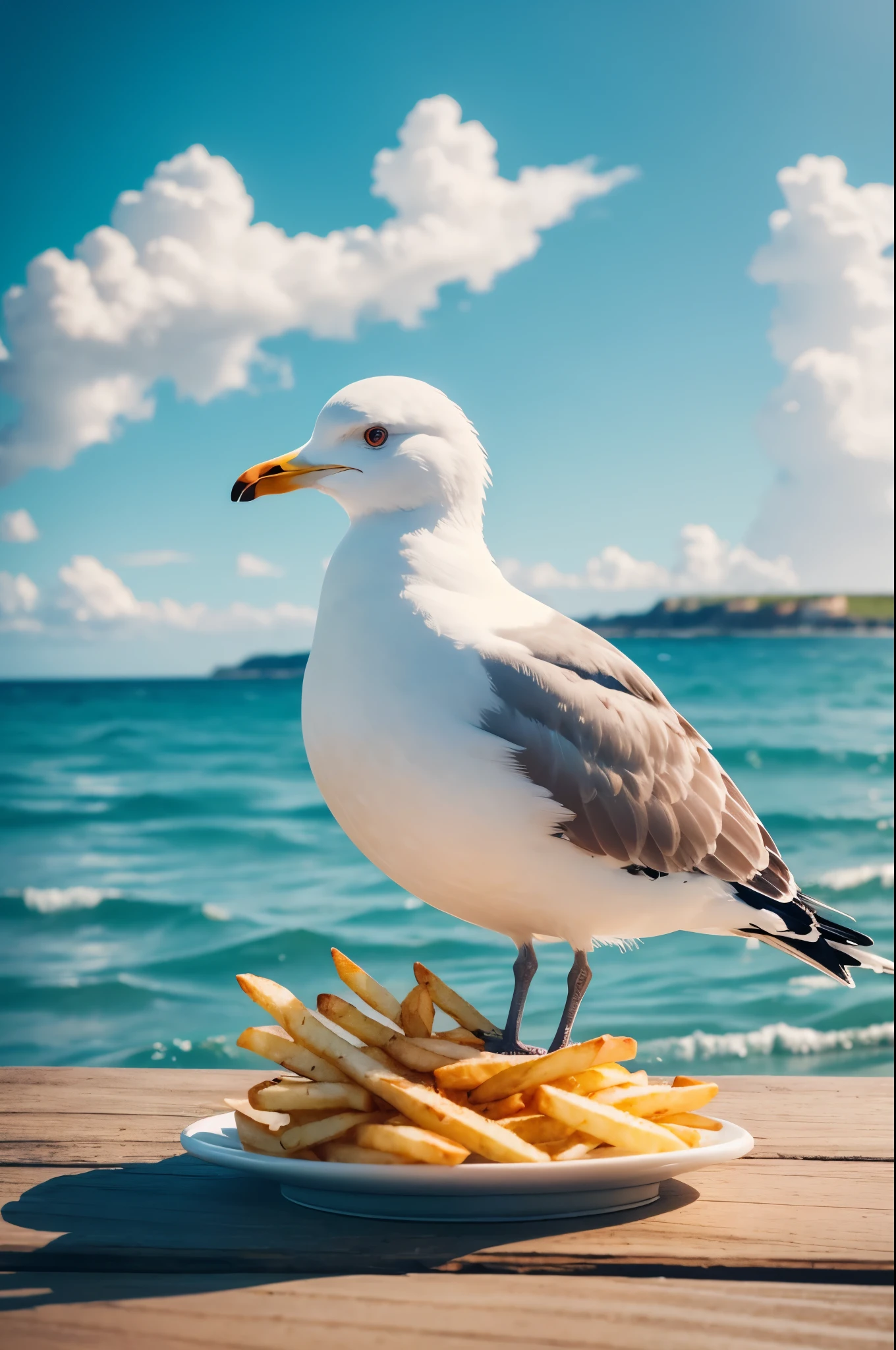 seagull eating french fries, detailed bird, detailed food, 1bird, photorealistic, 8k, high quality, detailed texture, studio lighting, cinematic lighting, vivid colors, dramatic lighting, beautiful sky, detailed clouds, ocean in background, beach setting, summer day, realistic, photographic