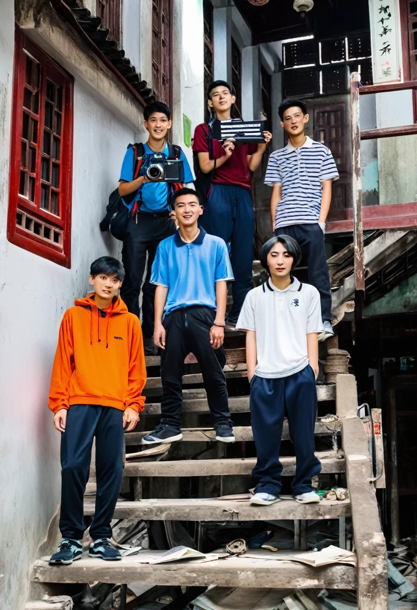 5 Chinese college students，One with a clapperboard，One with a camera，One takes the recording，Standing on a dilapidated staircase，Staggered，台阶两旁是Chinese建筑，Chinese，Boys，Chinese恐怖，Dream Core