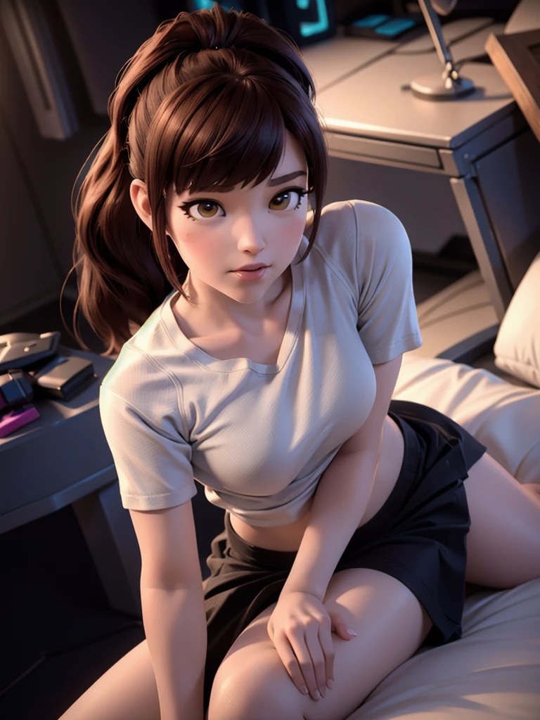 ((DVA from Overwatch)) without her mech, a woman with short brown hair in a (ponytail),she sits on her bed with her legs spread, high quality refelctions, volumetric lighting, she is wearing a loose short ( ice white cropped t-shirt), very short sleeves, in her bedroom on her bed, 1 girl solo, cinematic lighting, high resolution, physically-based rendering, 8k, volumetric lighting, hyperrealistic, detailed facial features, masterpiece, full upper body, gaming setup in background, cinematic, you can see the fabric of the shirt and the knits very detailed,(she has very small  breasts), (nsfw), the focus is on her whole body and the environment, cinematic screenshot, you can see the (whole room) and her sitting on the bed, she wears an underwear panty as she is going to sleep soon, realistic clothing