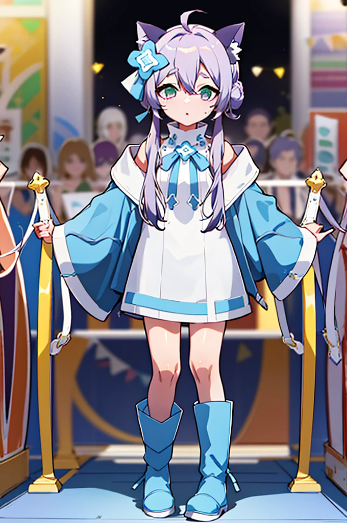 masterpiece, Highest quality,anime colored,alone,Watching the audience, indoor,Arcade,Are standing, Green Eyes, Purple eyes, Green Eyes, White Hair Band, Cat ear,Very long hair, Gray purple hair,hair ornaments,Small breasts, Blue coat,Blue ankle garters, Blue ankle garters, White thigh-high boots, 