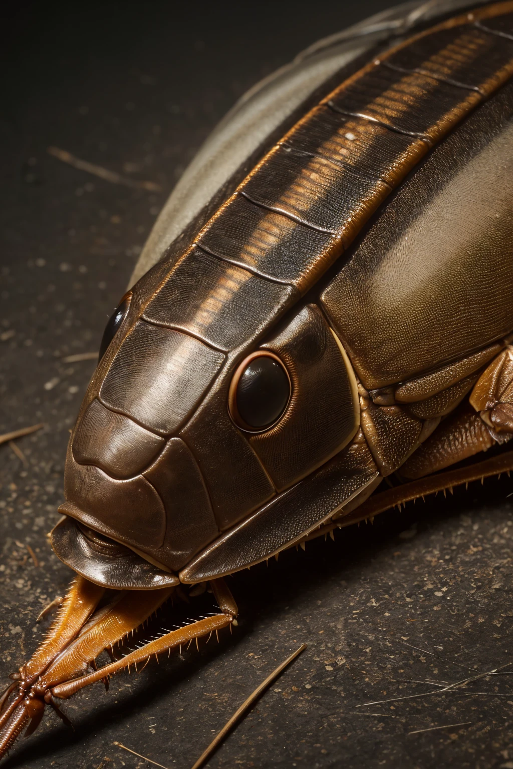 とてもリアルなチャバネcockroach, cockroach、insect、詳細なcockroach, Intricate details, Ultra-realistic, 8k, Super detailed, Highly detailed facial features, , Sharp focus, Cinema Lighting, Warm tones, Gloomy atmosphere