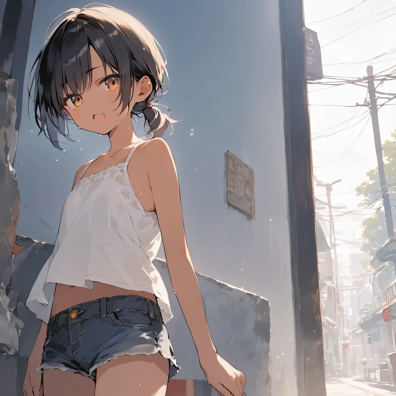 score_9, score_8_up, score_7_up, source_anime, best quality, masterpiece,official art, absurdres, highres, waifu2x,Collection: Slice of Life,break,1girl, tomboy, dark-skinned female, short hair, low ponytail, flat chest,  beautiful detailed eyes, short shorts, sweat, open mouth, (yawn:0.3), sleepily, outdoors, wind, break,(clear line illustration:1.2),very high resolution, very aesthetic, super detailed skin, Best sexual lighting powered by famous artist, 8k,cute picture,beauty illustration,photoshop_(medium),,(Detailed Lighting)
