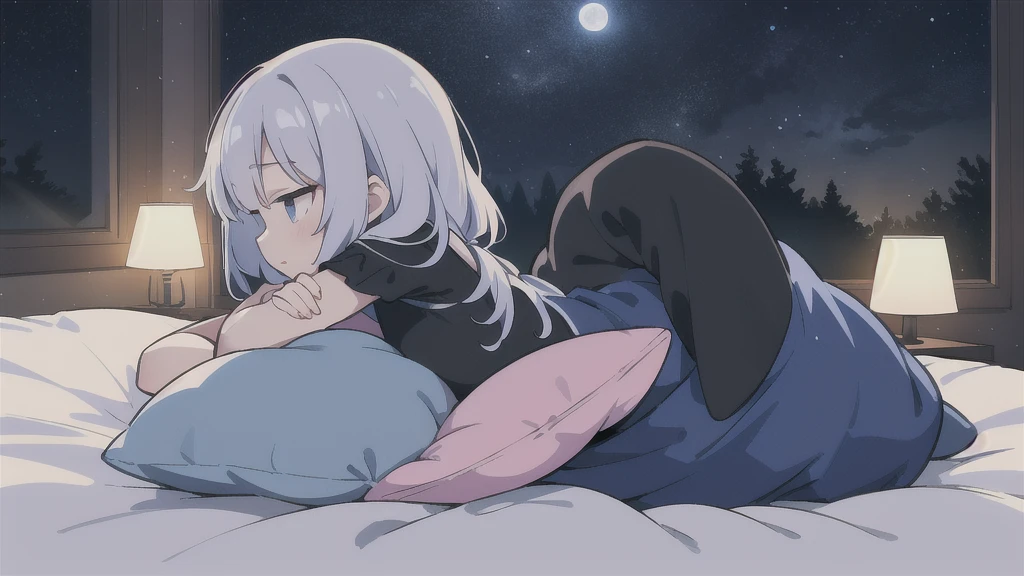 bed, side view, night, moonlight, blue lighting((no human)),((background))