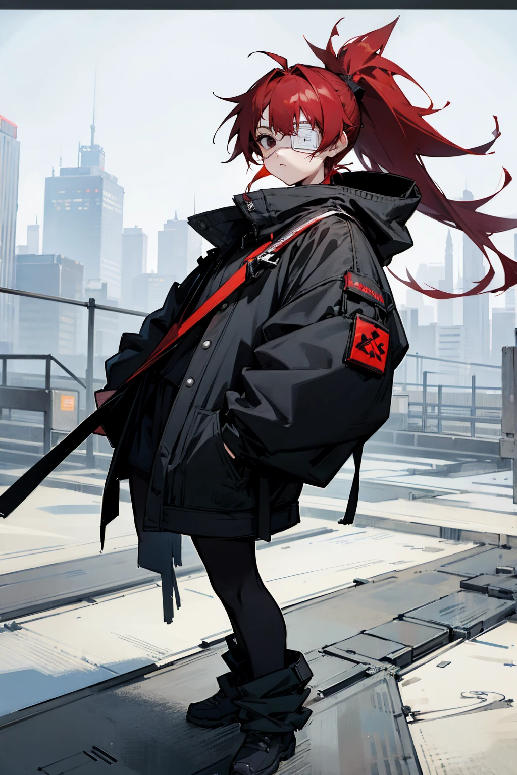 1female, red hair, medical eyepatch, black eyes, messy hair, ponytail, black baggy clothing, city background, detailed background, hands to side, standing on path