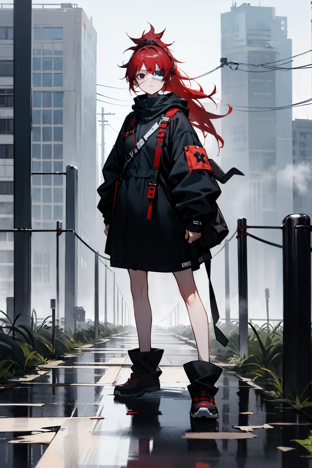1female, red hair, medical eyepatch, black eyes, messy hair, ponytail, black baggy clothing, city background, detailed background, hands to side, standing on path