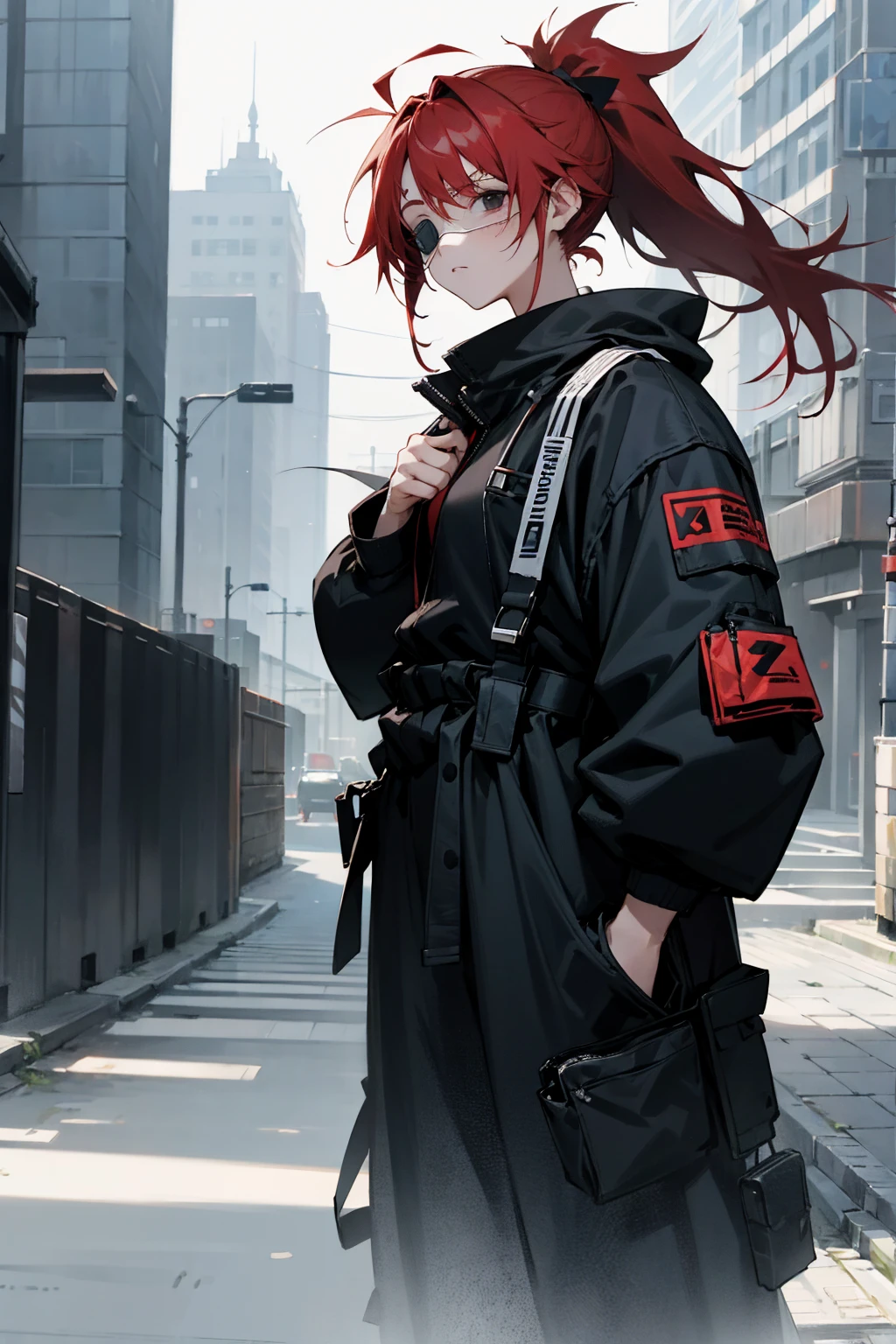 1female, red hair, medical eyepatch, black eyes, messy hair, ponytail, black baggy clothing, city background, detailed background, hands to side, standing on path