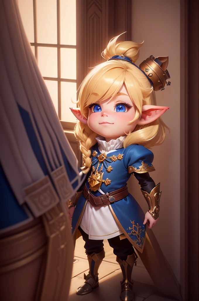 Close up of cartoon characters in a castle, small character. Unreal Engine 5, handsome prince, Portrait of the Magical Blonde Prince, (Octane Rendering) Fantasy Style, Fantasy Style 8 k Octane Rendering, high quality character design, Details of 8k characters, Animation-style rendering, Stylized characters, Lalafell, Cute Characters, rendered in Unreal Engine 5