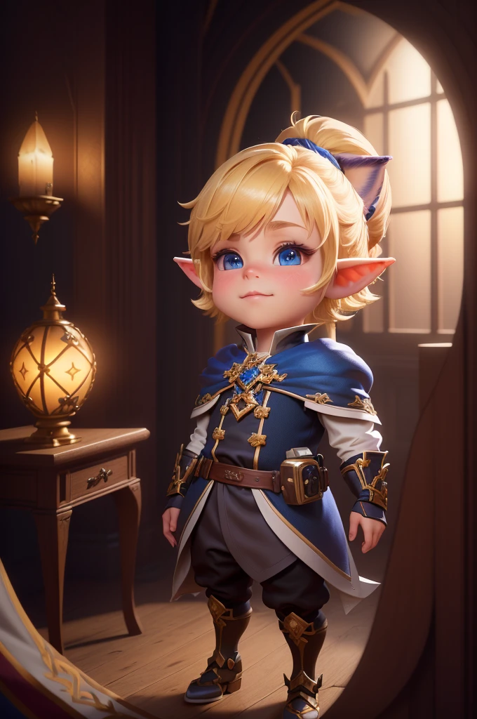 Close up of cartoon characters in a castle, small character. Unreal Engine 5, handsome prince, Portrait of the Magical Blonde Prince, (Octane Rendering) Fantasy Style, Fantasy Style 8 k Octane Rendering, high quality character design, Details of 8k characters, Animation-style rendering, Stylized characters, Lalafell, Cute Characters, rendered in Unreal Engine 5