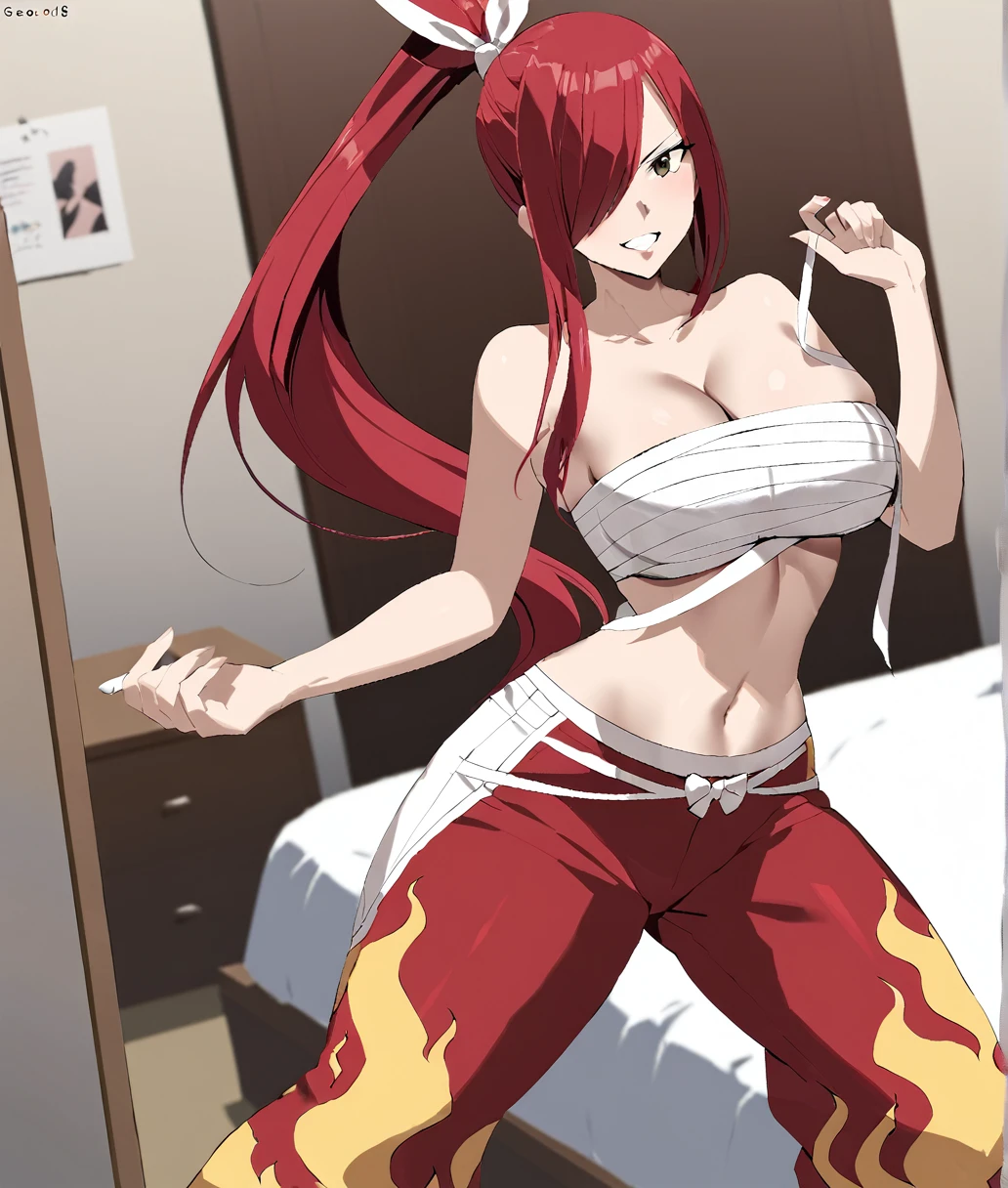 Erza,  red hair, navel,flame pants, collarbone, 1girl, bare shoulders,cleavage, hair over one eye, large breasts, long hair,bandages, chest sarashi,cleavage,white ribbon
, looking at viewer, , grin, brown eyes, ponytail,
,masterpiece, best quality,animerza, standing, room,