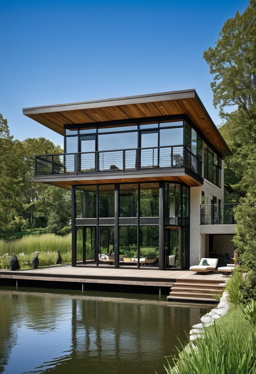 contemporary house with steel, wood and concrete structure, brise-brise style windows, deck overlooking a large duck pond