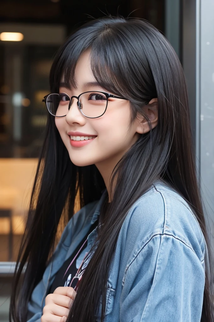 Ulzzang, long black hair, profile, glasses, hand on mouth, smiling, double eyelids