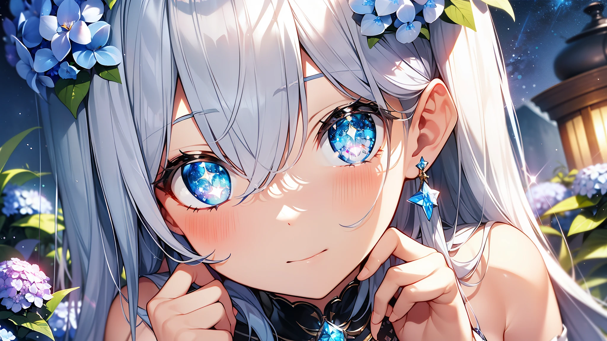 Best quality、Photorealistic、Ultra-detailed、delicate、Orderly、High Detail、Bluish Silver Short Bob、(Drooping heterochromia iris,glowing eyes、Sparkling Eyes:1.3)、slender、(One girl:1.2)、(hydrangea、night、Guided by the moonlight、The twinkling of the constellationysterious、Fantasy、Dramatic、Dutch Angle:1.3)、Ambient Occlusion、Ambient Light、Ray-traced Reflections、Glow、Shiny Hair、