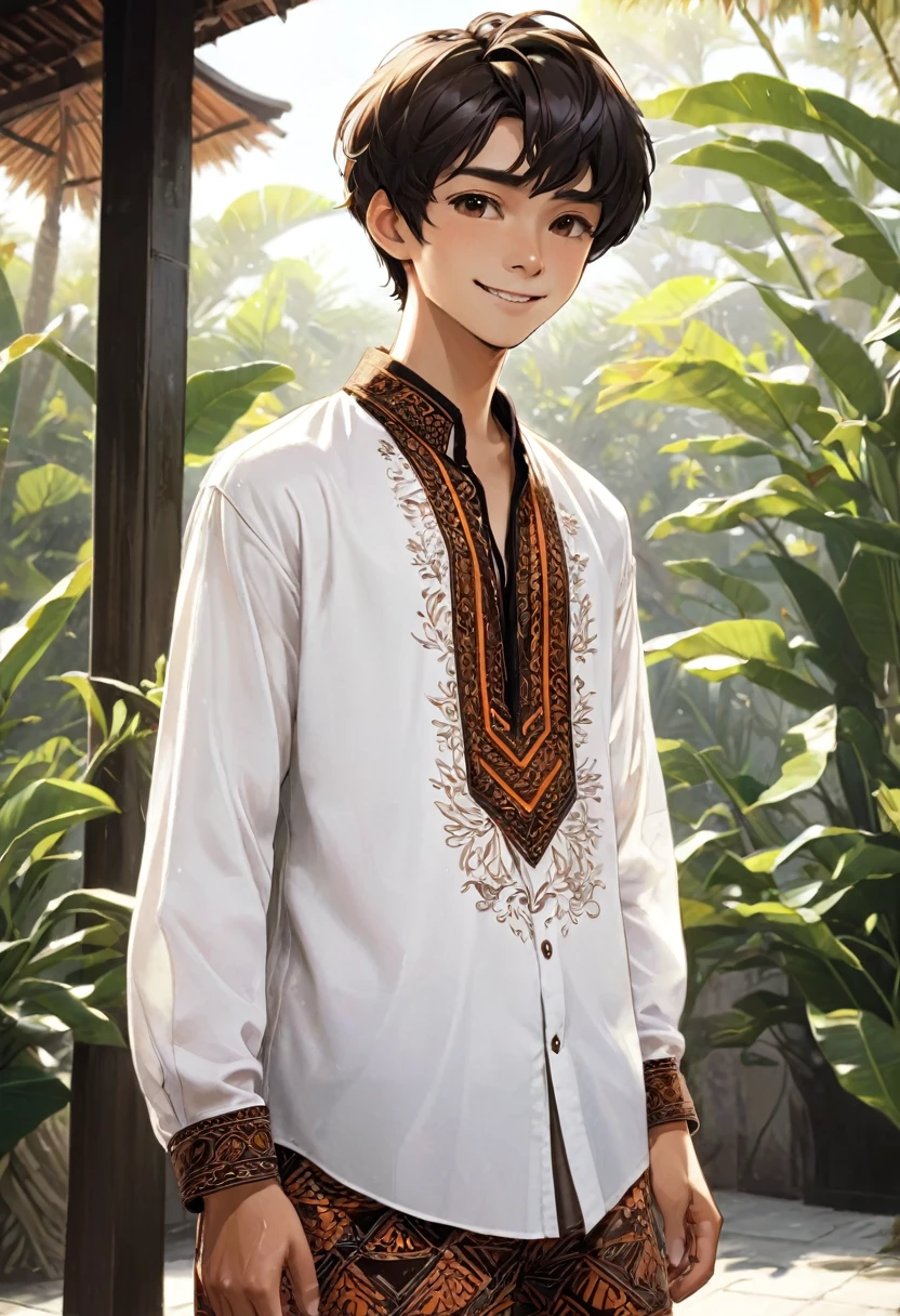 full body, 1boy, 25 year old, short black hair, detailed skin, long sleeve Batavia batik shirt in white and brown, cloth orange scarf, flip flops, light smile, happy, with an inviting gesture, soft light, drop shadow, super detailed, best quality, masterpiece, UHD.