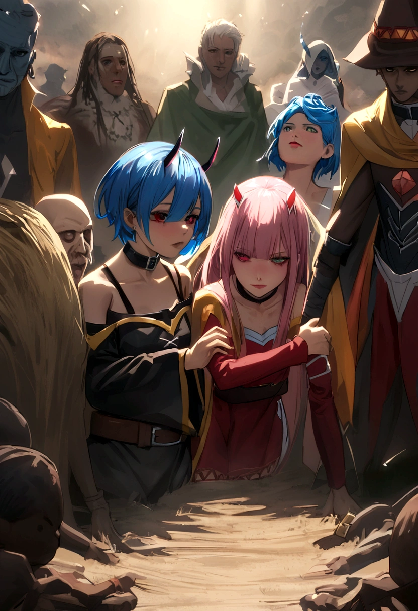 Roxy, Megumin, Zero two, Rem, Equidna, se encuentran en el territorio del rey demonio, hay demonios en el horizonte,