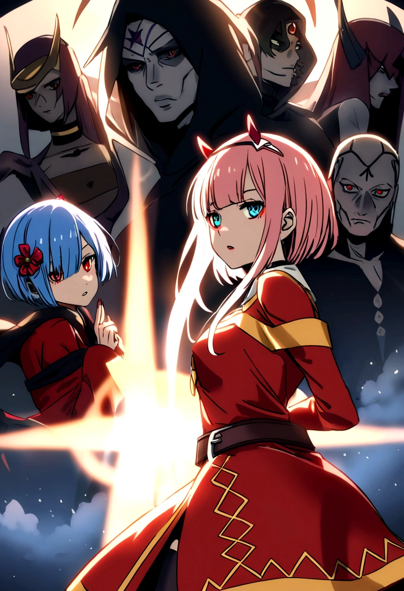 Roxy, Megumin, Zero two, Rem, Equidna, se encuentran en el territorio del rey demonio, hay demonios en el horizonte,