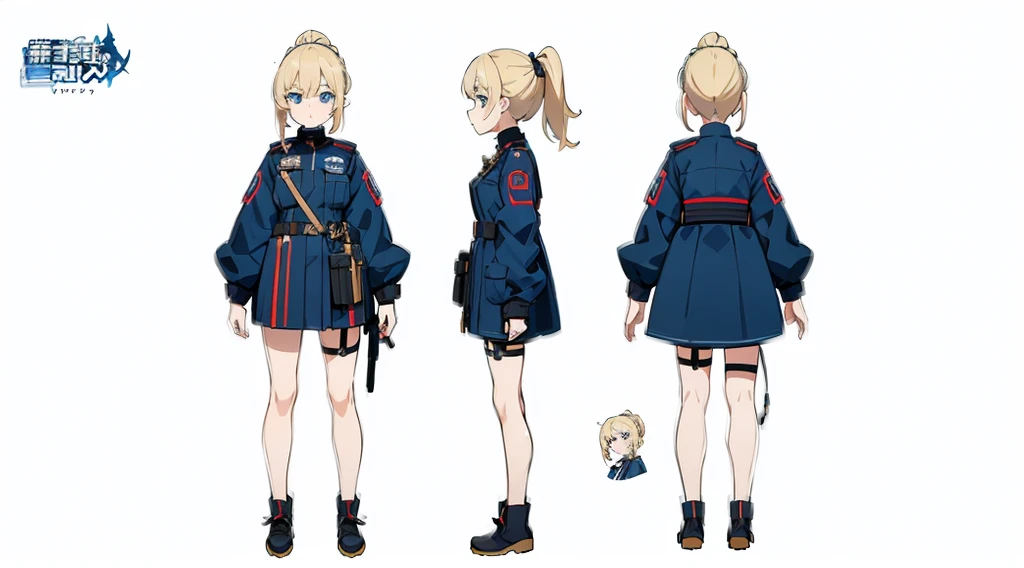 (masterpiece, best quality) police girl ,blonde hair ponytail,blue eye,((character design sheet, same character, full body, 3views, front, side, back))