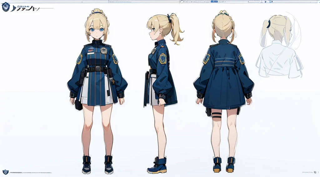(masterpiece, best quality) police girl ,blonde hair ponytail,blue eye,((character design sheet, same character, full body, 3views, front, side, back))
