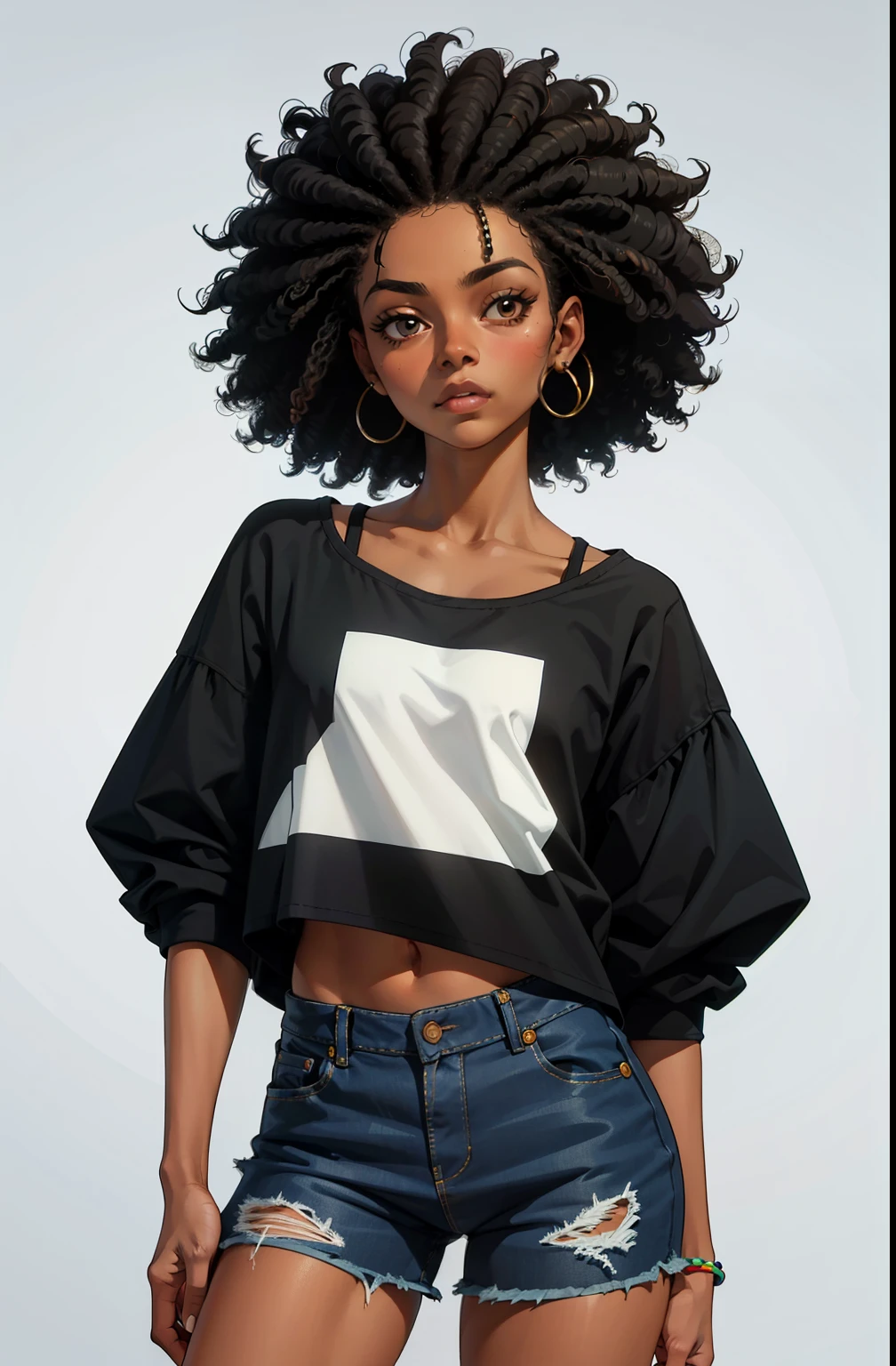 maquiagem, cabelo afro grande, Lips are soft or colored, fundo preto simples, minimalismo, monotonous, paletas de cores vivas, limpo, Crisp drawings, silhuetas fluidas, streetwear, moleton, shorts, streetwear, blusas, asymmetric, geometric, Simple and minimalist accessories, Designs diferentes, silhuetas simples, estilo de rua, moda urbana, fundo liso, simple lighting, moda moda urbana, folha de modelo