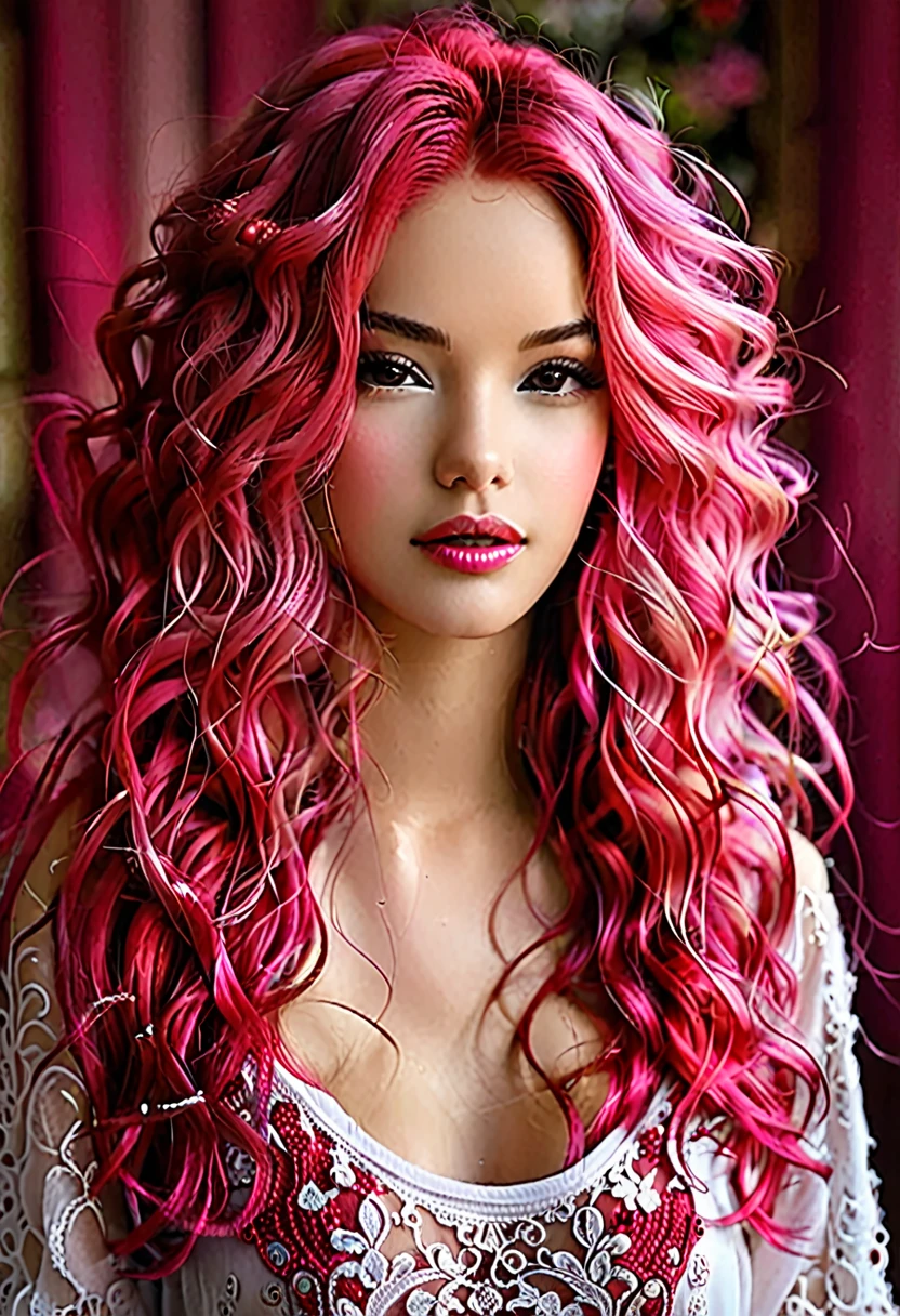 1 garota, bellissima, Sozinho, de corpo inteiro, com cabelos longos e mechas vermelhas, perfeita, roupa pink