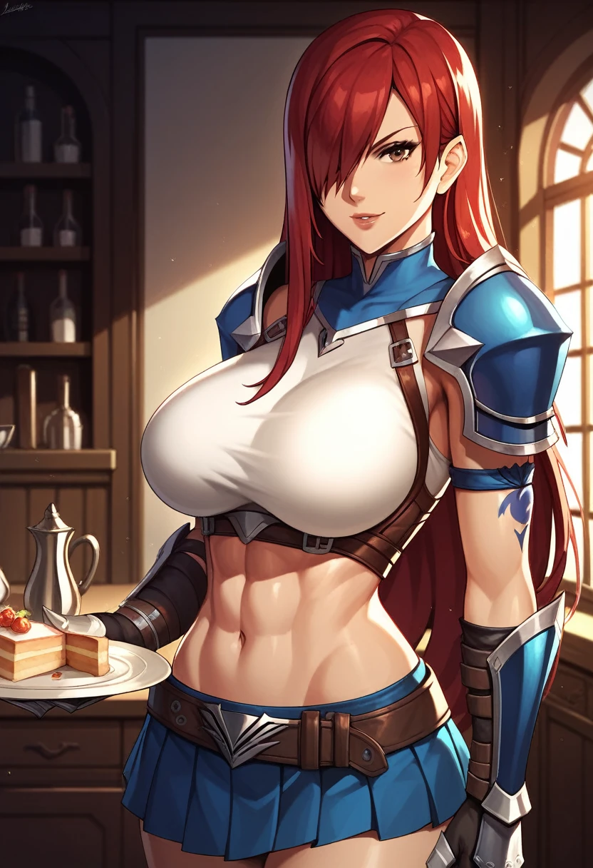 Erza, brown eyes, pauldrons,blue skirt, tattoo, gloves, breastplate, 1girl, gauntlets, belt,pleated skirt, , red hair, shoulder armor, looking at viewer, ,masterpiece, best quality,animerza, upper body, highres, room, big breasts, navel, indoors, hair over one eye,
