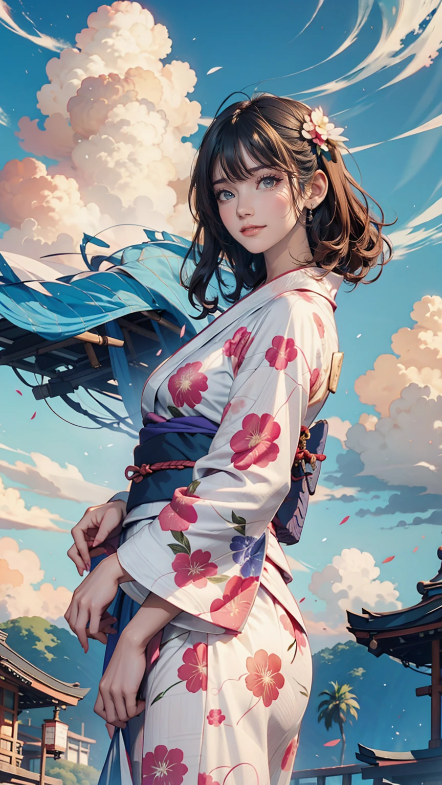 24-year-old woman、yukata、Clouds on the Hill