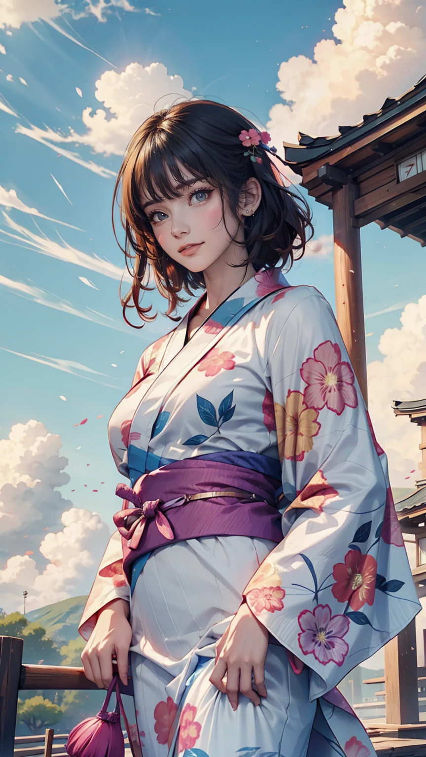 24-year-old woman、yukata、Clouds on the Hill