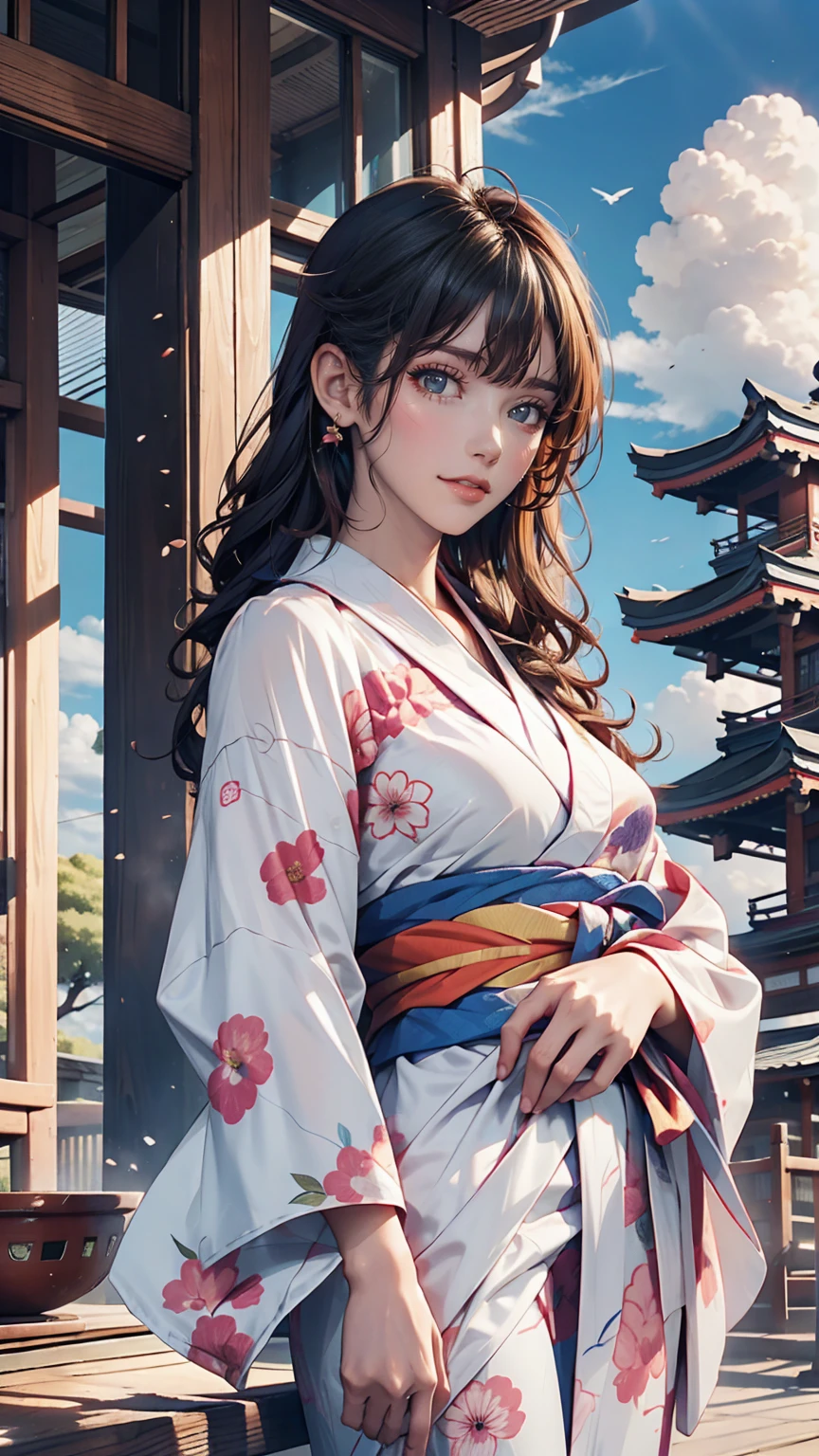 24-year-old woman、yukata、Clouds on the Hill