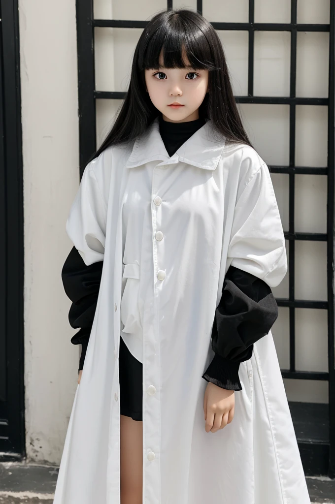(A young girl in early 19 but baby face, small and sharp face with sharp black cat eyes. Puffy hair with bangs and mid-length, very thin body with a white skin and always wearing oversized black clothes