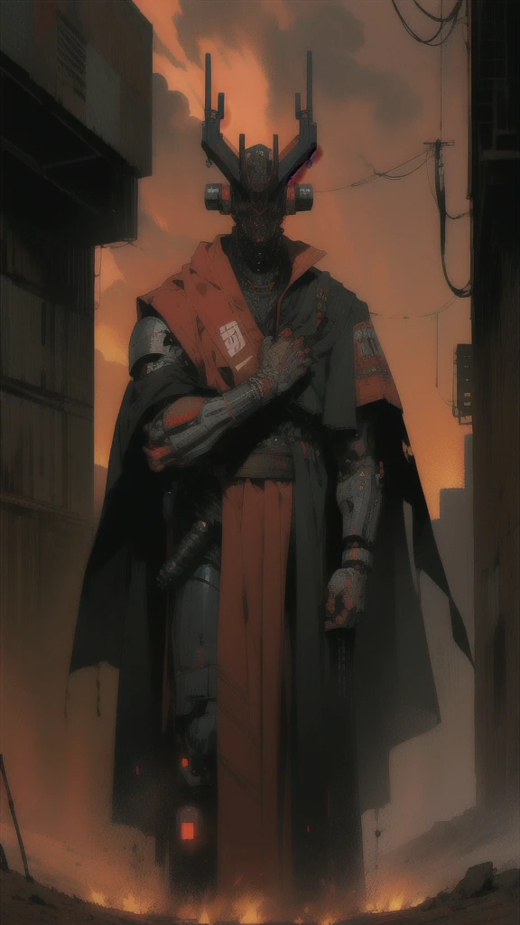derpd, lethal cyborg assassin wearing robes armor, danger, red sky,post apocalypse