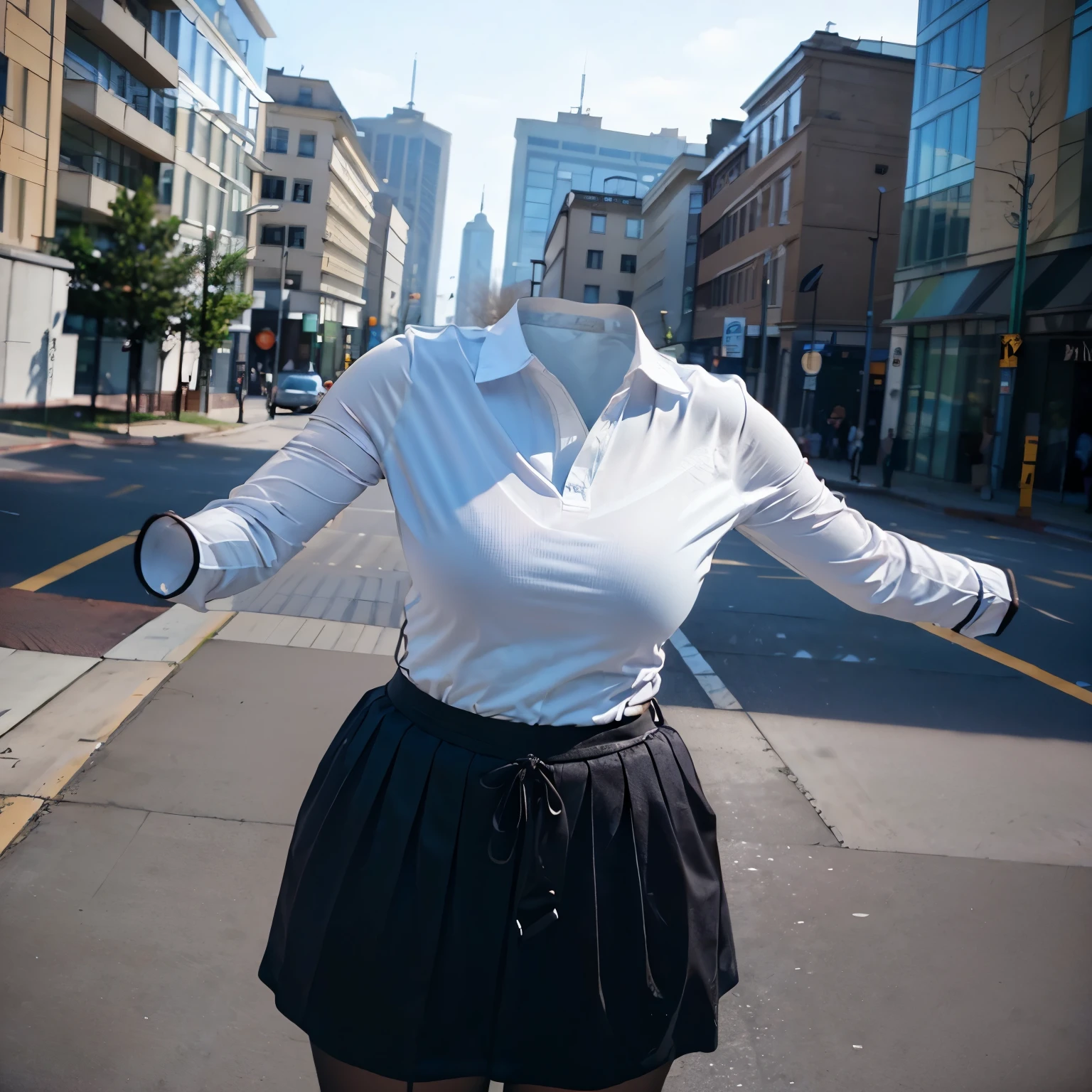 polo shirt, plaid skirt, from above, long sleeve, kabedon pov, fat, cute big breasts, (invisible, no human, headless, handless:1.5), (8k, RAW photo, best quality, masterpiece:1.2), (realistic, photo-realistic:1.37), photon mapping, radiosity, ((Hasselblad photography)), physically-based rendering