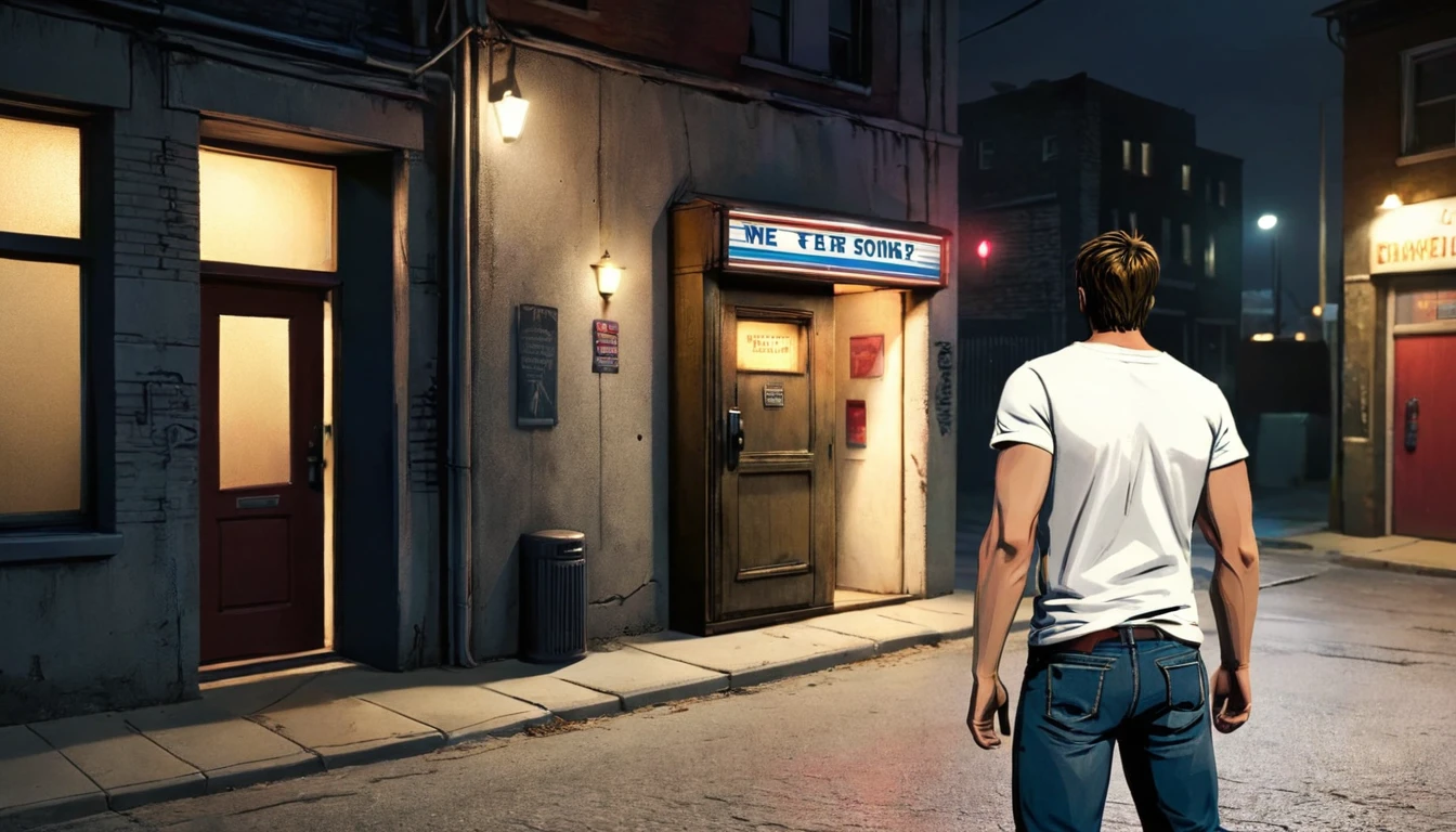 Create a rock music-themed scene set at night. The scene should feature a man standing with his back against a wall on a long street. He is wearing jeans and a white T-shirt, embodying a casual rock style. Across the street, there is an old-fashioned coin telephone box. The street lights should cast a balanced glow, illuminating both the street and the buildings, creating a moody and atmospheric setting. The overall vibe should reflect the essence of rock music with a hint of nostalgia.
