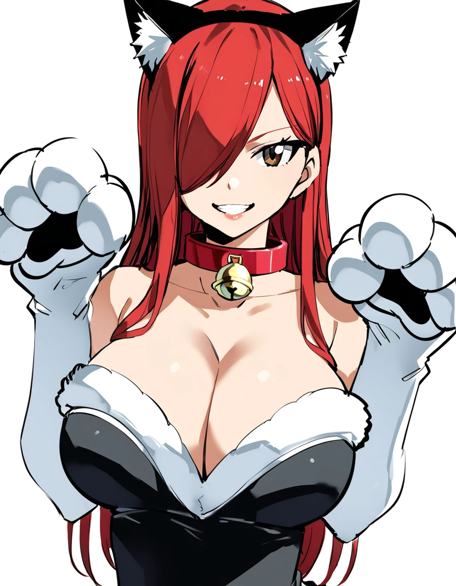 ,Erza, animerza, grin, cat paws, large breasts, fake animal ears, cat ears, paw gloves, simple background, bare shoulders, looking at viewer, collarbone, brown eyes, smile, neck bell, paw pose, animal hands, collar, hair over one eye, cleavage, upper body, red hair, long hair, white background, 1girl
,masterpiece, best quality, room