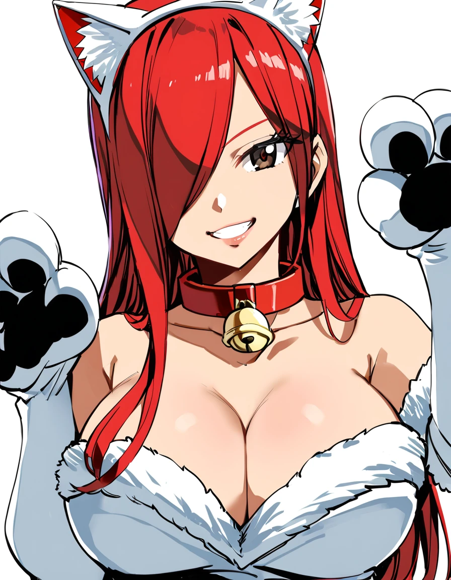 ,Erza, animerza, grin, cat paws, large breasts, fake animal ears, cat ears, paw gloves, simple background, bare shoulders, looking at viewer, collarbone, brown eyes, smile, neck bell, paw pose, animal hands, collar, hair over one eye, cleavage, upper body, red hair, long hair, white background, 1girl
,masterpiece, best quality, room