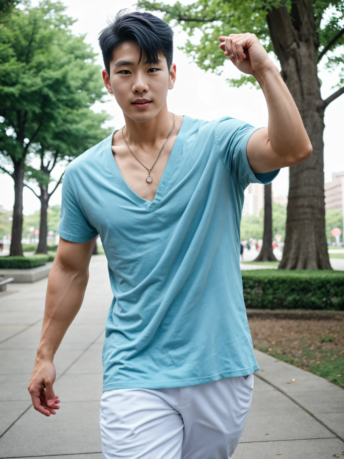 Realistic photography of a korean cute boy, 25 ages , wearing shirt, thin necklace, at park,movement pose cool