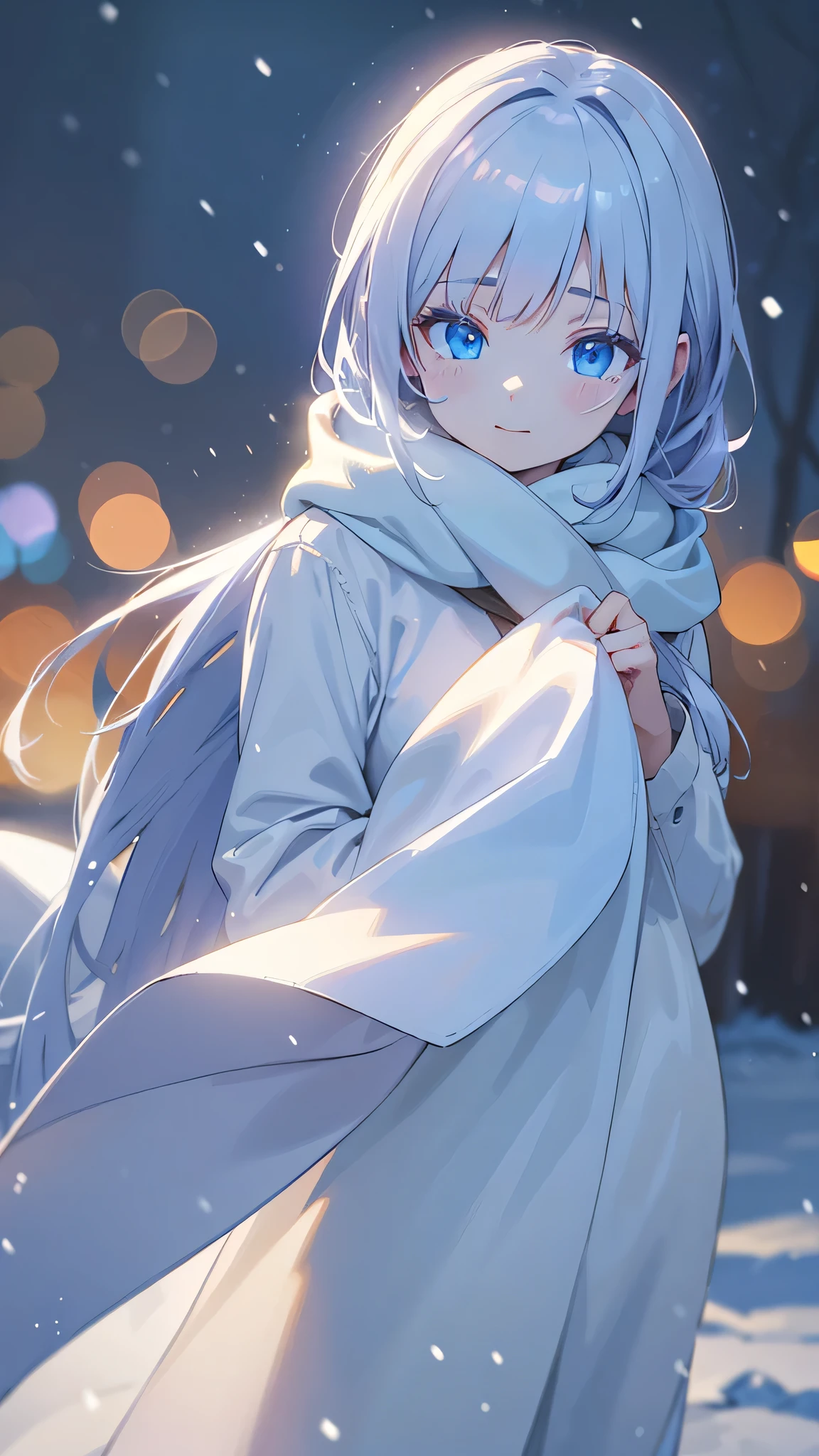 1 beautiful girl in winter, white scarf, snowy landscape, snow sparkling, wistful expression, fantasy atmosphere, best quality, 4k, 8k, highres, masterpiece, ultra-detailed, realistic, photorealistic, photo-realistic, HDR, UHD, studio lighting, ultra-fine painting, sharp focus, physically-based rendering, extreme detail description, professional, vivid colors, bokeh, anime style