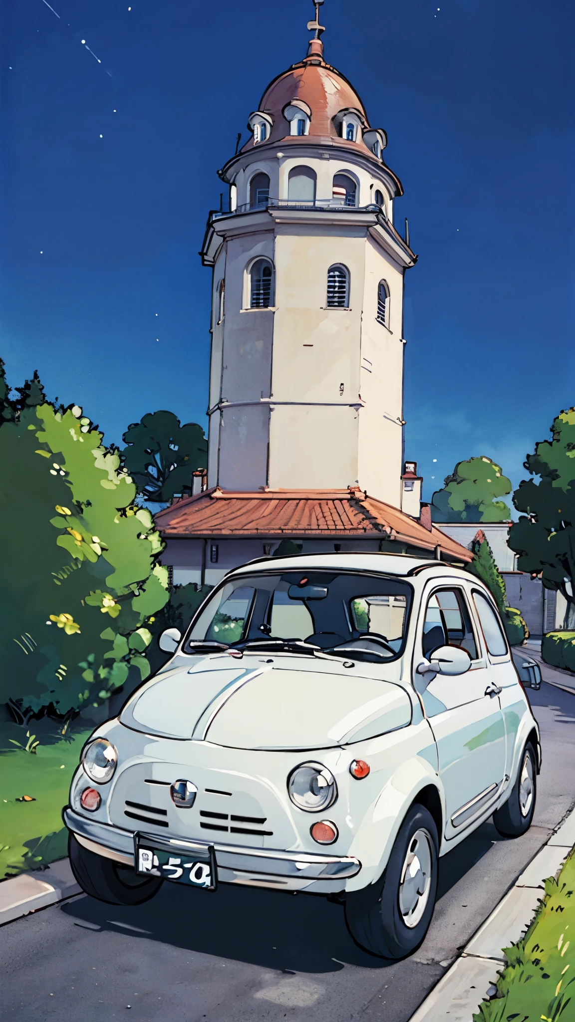 (masterpiece:1.2, Highest quality),(Very detailed),(((Anime Style))),8k,wallpaper,Fiat 500 with headlights on,night(((ghibli style)))